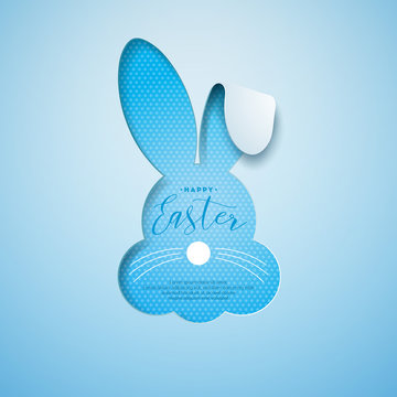Vector Illustration of Happy Easter Holiday with Nice Rabbit Face and Hand Lettering Typography on Blue Background. International Celebration Design for Greeting Card, Party Invitation or Promo Banner