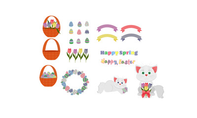 Easter Kitty with Colorful Eggs and Tulips