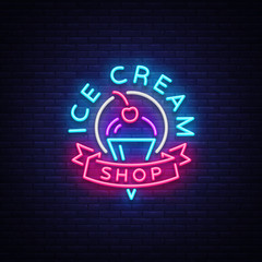 Ice cream shop neon sign. Ice cream shop logo in neon style, symbol, light banner, bright night advertising ice cream, billboard. Design template. Vector illustration