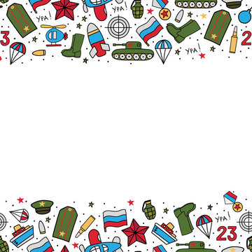 Vector background of military icons on a white background. Wrapping paper. Defender of the Fatherland Day - Russian national holiday on 23 February.