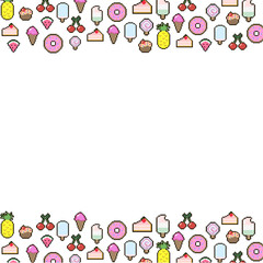 Seamless vector pixel background with cakes, ice cream, candy, donuts, berry isolated on white background.