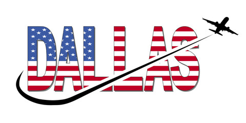 Dallas flag text with plane silhouette and swoosh illustration