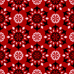Seamless floral background. Black and white pattern on red backdrop