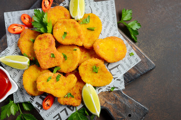 Crispy Fried Chicken Nuggets with Tomato Sauce on Dark Background Top view Flat Lay