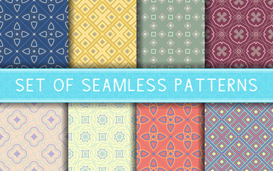 Geometric seamless patterns. Collection of colored backgrounds