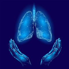 Fototapeta na wymiar World Tuberculosis Day poster human lungs in hands blue background. TB awareness health care medicine center. Medical solidarity day concept low poly polygonal triangle line. Vector illustration.