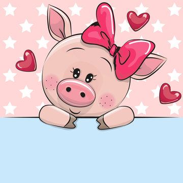 Greeting card cute Cartoon Pig is holding a placard