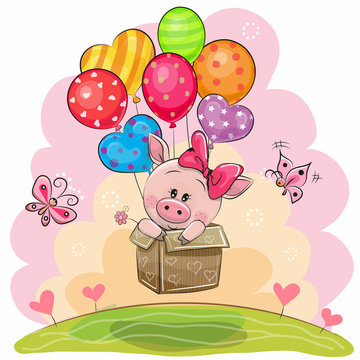 Piggy girl in the box is flying on balloons