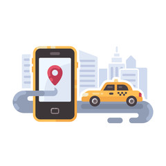 Yellow taxi car on the road with smartphone. Mobile taxi service flat illustration banner