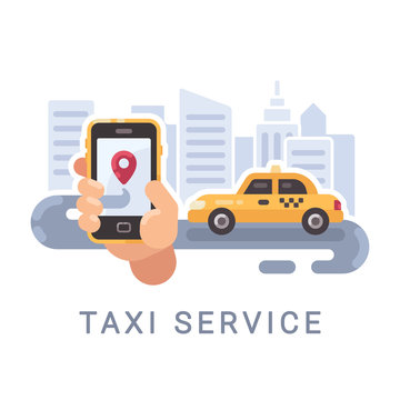 Hand holding smartphone with taxi service mobile app and a car on the road. Transportation service flat illustration banner with text