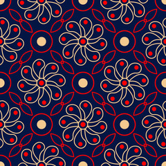 Blue floral seamless background with red and beige pattern