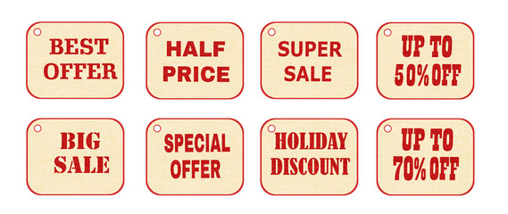 Set of price tags, labels. Vector illustration of design elements of promotion. Promotional offers, seasonal and holiday sale. Suitable for discount cards, advertisement flyer, coupon, sale sticker.