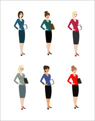 Set of character business woman. Clerk, specialist in public relations, skilled office employees, qualified PR managers on white background. Vector illustration.