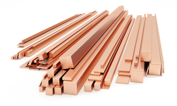 Stack of copper bars isolated on white. Different sizes - 3D illustration