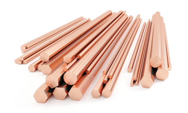 Stack of copper rods isolated on white. Different sizes and diameters - 3D illustration