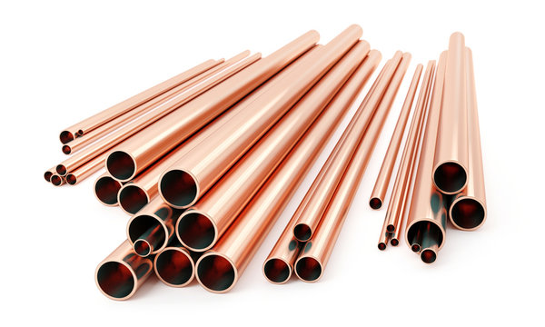 Stack of copper tubes isolated on white. Different sizes and diameters - 3D illustration