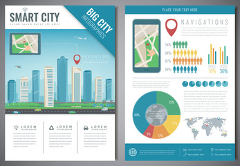 Smart city brochure with infographic elements. Template of magazine, poster, book cover, banner, flyer. City navigation concept. Vector