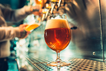 Hand of bartender pouring a large lager beer in tap.