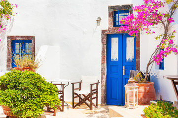Traditional white-blue greek architecture on Santorini island, Greece.