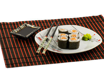 Sushi rolls on a white plate. Delicious traditional Japanese rolls close-up.