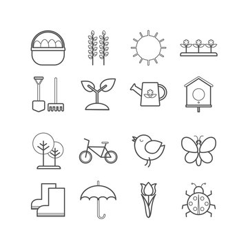 Collection of vector outline springtime icons for web, print, mobile apps design