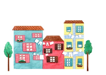 Naklejka premium Colorful houses with hanging clothes