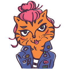 Cool rock style tiger cat with pink bun hairstyle and leather jacket, colorful vector cartoon isolated on white background