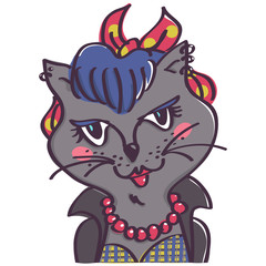 Cute gray cat in pinup clothes style, colorful vector cartoon isolated on white background