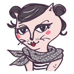 Hipster pink cat with bun hairstyle and tattoo, isolated vector cartoon on white background