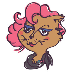 Cool brown cat with pink hairstyle and black scarf, isolated vector cartoon on white background