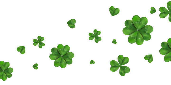 Happy St. Patrick's day vector horizontal background with shamrock, four leaved clover isolated on white background.