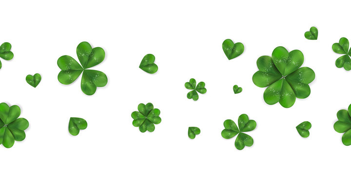 Happy St. Patrick's day vector horizontal seamless background with shamrock, four leaved clover isolated on white background. 