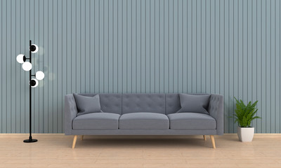 gray sofa and lamp on wooden floor in living room, 3D rendering