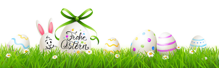 Frohe Ostern Grußkarte - Osterei mit Kalligraphie, Osterhase, bunt bemalten Ostereiern und Blumenwiese