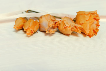 Fresh flowers eustoma on wooden background with copy space. Young unblown orange buds of eustoma. Selective focus