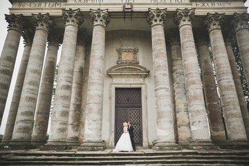 Beautiful fairytale newlywed couple hugging near old medieval castle