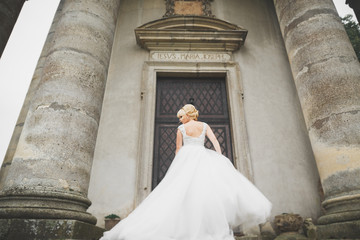 Beautiful luxury young bride in wedding dress posing in park