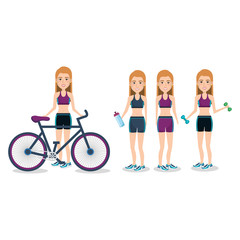 Fototapeta premium female athletes with bicycle and weight lifting vector illustration design