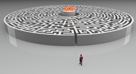 Man in front of a maze with 2021 goal in the center