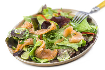 Fresh vegetable salad with smock salmon fish on white background