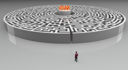 Man in front of a maze with 2022 goal in the center