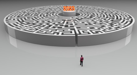 Man in front of a maze with 2023 goal in the center