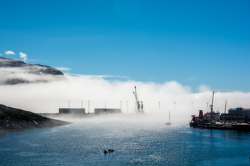 Nuuk/Greenland. Yacht going in to the fog. 