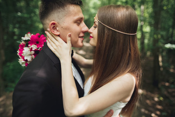 Beautiful young wedding couple is kissing and smiling in the park