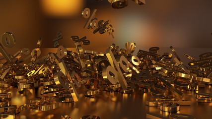 3D rendering of signs percent, falling into a heap. Volumetric signs with a reflective surface