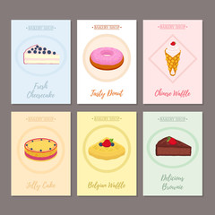 Set of pastry posters, banners for sweet food. Donut, cheesecake
