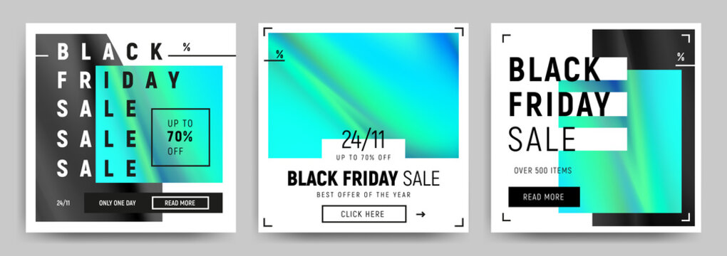Set of blue, green and black gradients sale banners. Minimalistic abstract design for social media, ads, promo posters. Black friday business offer template. Vector illustration EPS10.