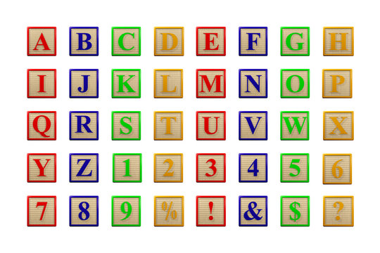 Wooden letter blocks alphabet face on - 3D render