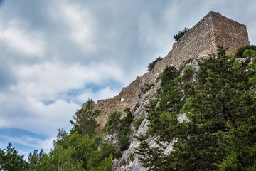 Ruins of a church in Monolithos castle and beautiful landscape view, Rhodes island, Greece