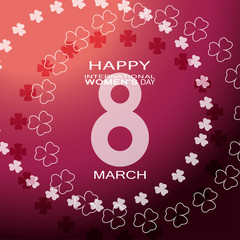 Vector Happy Women's Day gradient purple poster with clover leaves arranged in a circles at the center and text.